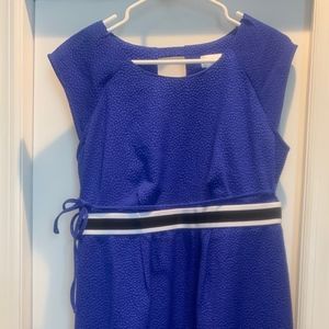 Maternity blue, white, and black dress with belt